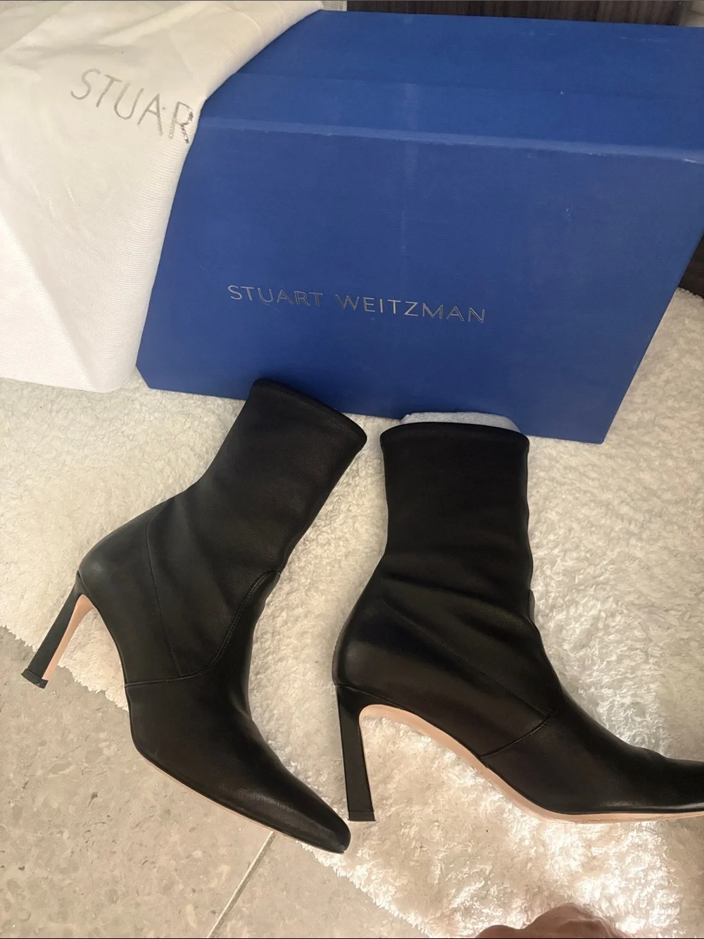 Stuart Weitzman Black Pointed Toe Leather Ankle Boots